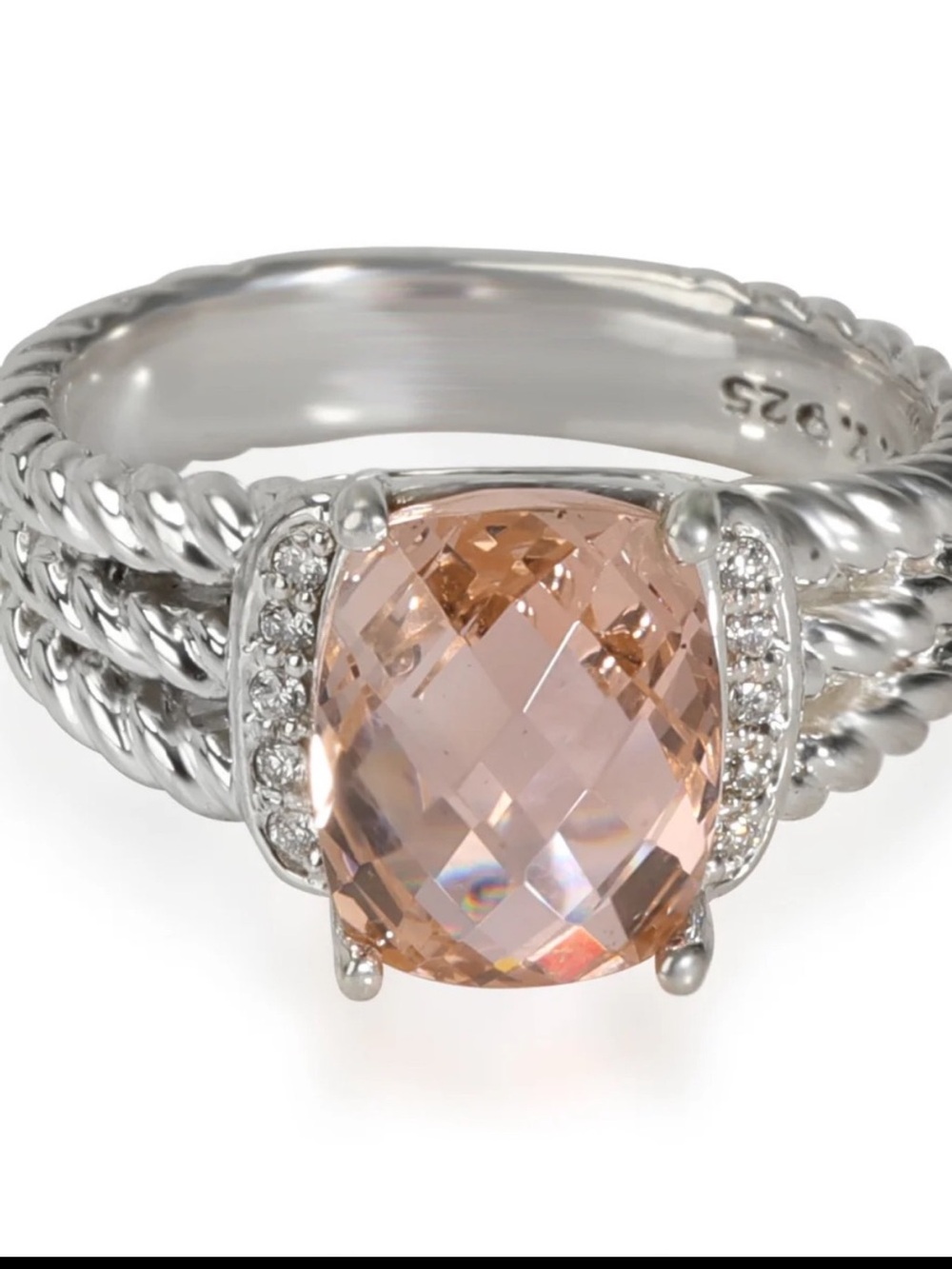 David Yurman Petite Wheaton Morganite Diamond Ring in SS 0.08 CT, Size 6